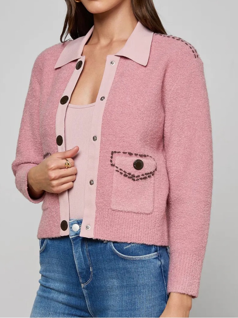 L'AGENCE Poetry Rose Mauve Pink Textured Bouclé Collar Cardigan Size XS - Picture 2 of 5